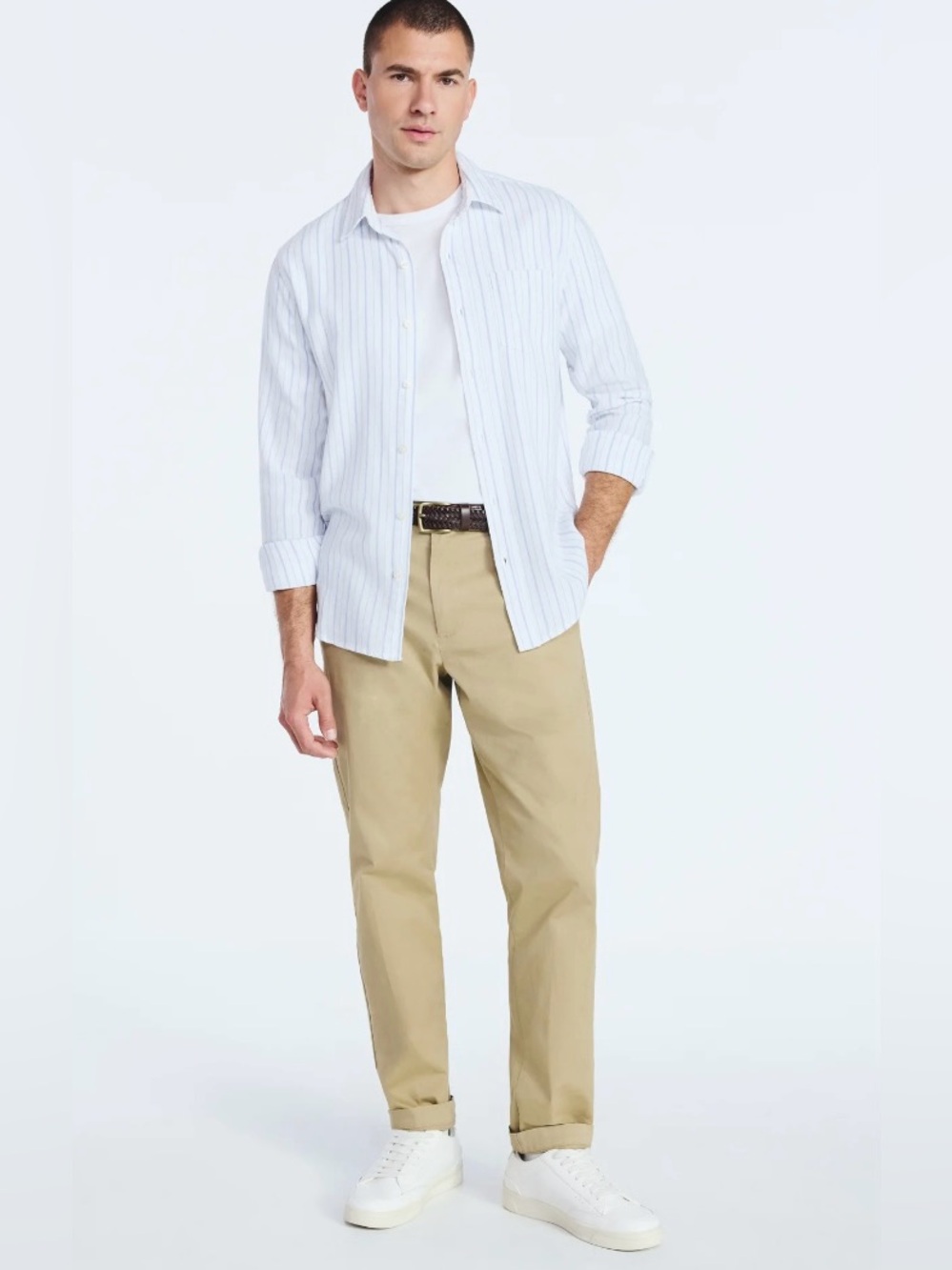 NWT Free assembly White Button-Down Shirt with Light Blue Pinstripes